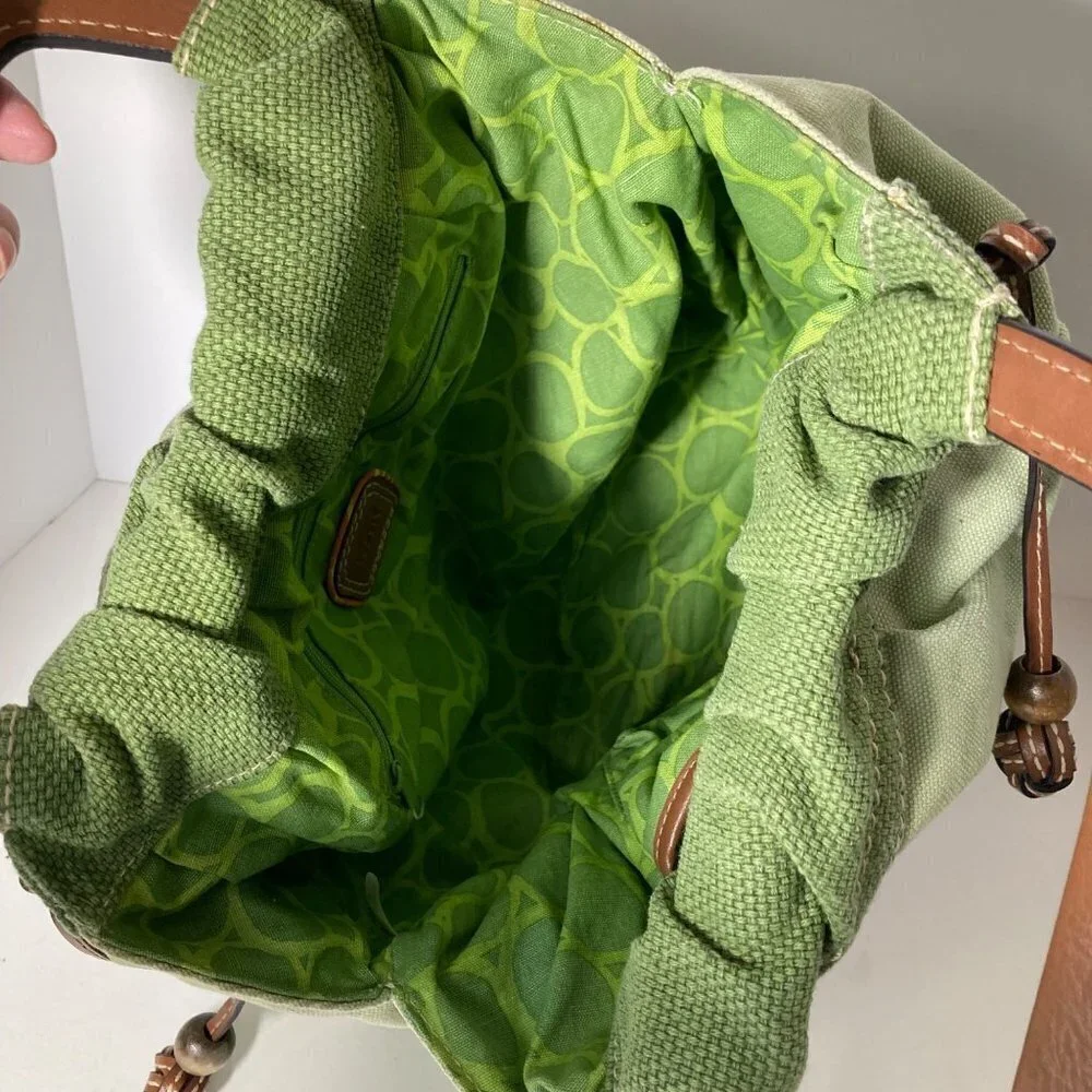 Womens Vintage Fossil‎ Canvas Handbag Leather Handles Green 12 x 15